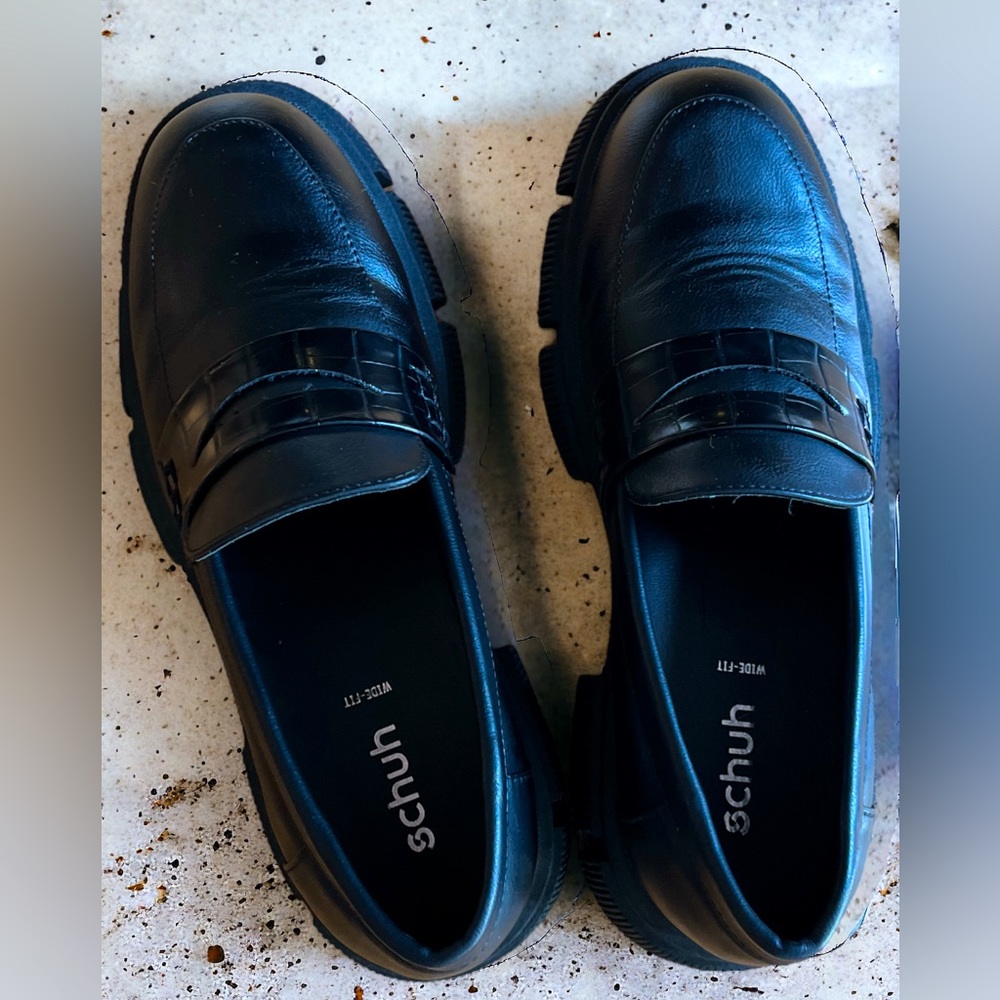 Schuh Chunky Heel Black Oxford Style Slip-on Loafers, Excellent Preloved Cond.